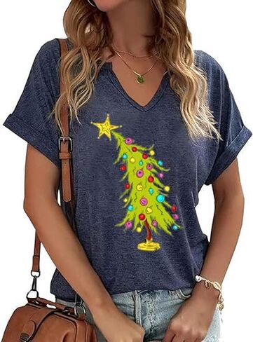 Christmas Shirts for Women V Neck Vintage Merry Graphic Trendy Shirts Holiday Tee Festival Tops Blouse Gifts in Saudi Arabia