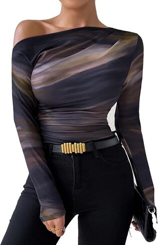 Floerns Women's Off Shoulder Tops Y2k Going Out Tops for Women Trendy Long Sleeve Asymmetrical Ruched T Shirts Tops in Saudi Arabia