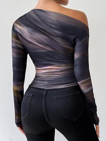 Floerns Women's Off Shoulder Tops Y2k Going Out Tops for Women Trendy Long Sleeve Asymmetrical Ruched T Shirts Tops in Saudi Arabia