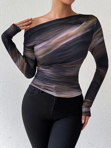 Floerns Women's Off Shoulder Tops Y2k Going Out Tops for Women Trendy Long Sleeve Asymmetrical Ruched T Shirts Tops in Saudi Arabia