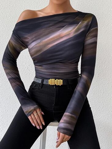 Floerns Women's Off Shoulder Tops Y2k Going Out Tops for Women Trendy Long Sleeve Asymmetrical Ruched T Shirts Tops in Saudi Arabia