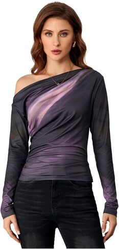 Floerns Women's Off Shoulder Tops Y2k Going Out Tops for Women Trendy Long Sleeve Asymmetrical Ruched T Shirts Tops in Saudi Arabia