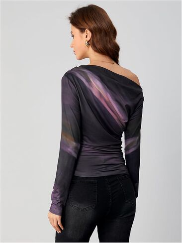 Floerns Women's Off Shoulder Tops Y2k Going Out Tops for Women Trendy Long Sleeve Asymmetrical Ruched T Shirts Tops in Saudi Arabia