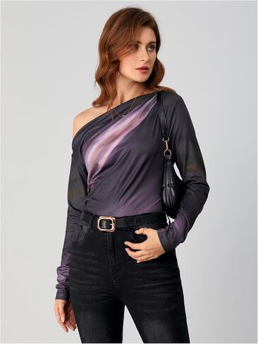 Floerns Women's Off Shoulder Tops Y2k Going Out Tops for Women Trendy Long Sleeve Asymmetrical Ruched T Shirts Tops in Saudi Arabia