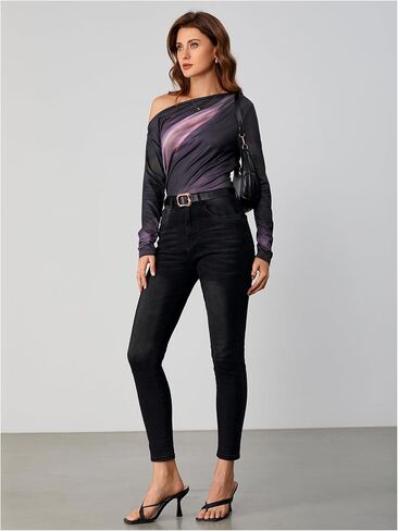 Floerns Women's Off Shoulder Tops Y2k Going Out Tops for Women Trendy Long Sleeve Asymmetrical Ruched T Shirts Tops in Saudi Arabia