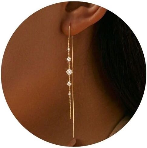 MBW Gold Threader Earrings for Women, 14K Dangle Long Chain Drop Earrings Dangling, Dainty Elegant Dangly Ear Chain with Tassel and Cubic Zirconia for Wedding Hoco Trendy Jewelry Accessories Gifts in Saudi Arabia