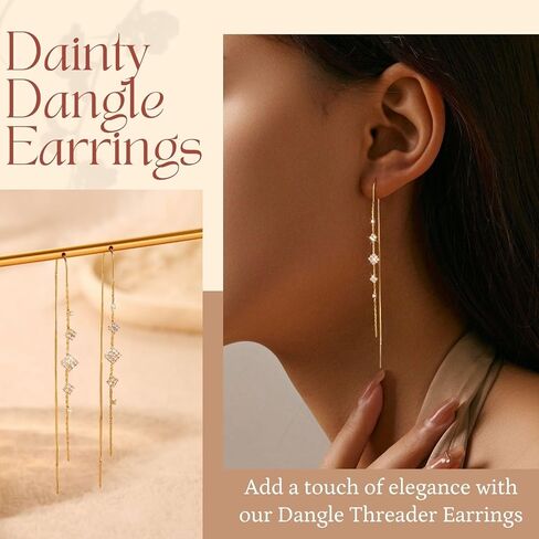 MBW Gold Threader Earrings for Women, 14K Dangle Long Chain Drop Earrings Dangling, Dainty Elegant Dangly Ear Chain with Tassel and Cubic Zirconia for Wedding Hoco Trendy Jewelry Accessories Gifts in Saudi Arabia