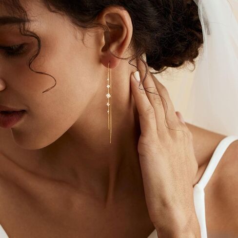 MBW Gold Threader Earrings for Women, 14K Dangle Long Chain Drop Earrings Dangling, Dainty Elegant Dangly Ear Chain with Tassel and Cubic Zirconia for Wedding Hoco Trendy Jewelry Accessories Gifts in Saudi Arabia
