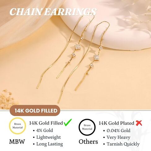 MBW Gold Threader Earrings for Women, 14K Dangle Long Chain Drop Earrings Dangling, Dainty Elegant Dangly Ear Chain with Tassel and Cubic Zirconia for Wedding Hoco Trendy Jewelry Accessories Gifts in Saudi Arabia
