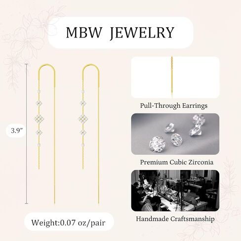 MBW Gold Threader Earrings for Women, 14K Dangle Long Chain Drop Earrings Dangling, Dainty Elegant Dangly Ear Chain with Tassel and Cubic Zirconia for Wedding Hoco Trendy Jewelry Accessories Gifts in Saudi Arabia