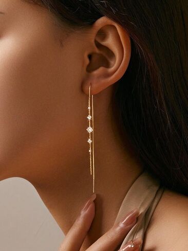 MBW Gold Threader Earrings for Women, 14K Dangle Long Chain Drop Earrings Dangling, Dainty Elegant Dangly Ear Chain with Tassel and Cubic Zirconia for Wedding Hoco Trendy Jewelry Accessories Gifts in Saudi Arabia