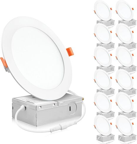 بارميدا (6 عبوات) مصباح سقف غائر LED رفيع للغاية مقاس 6 بوصات مع صندوق وصلات، 5 ألوان CCT يمكن اختيارها 2700K/3000K/3500K/4000K/5000K، 12 وات، إضاءة سفلية رفيعة من الرقاقة الخافتة للضوء، تصنيف IC، ETL in Kuwait