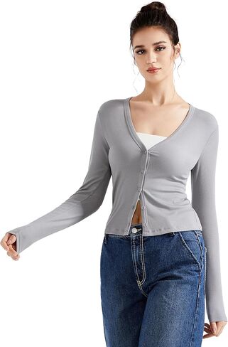 سترة SUUKSESS النسائية خفيفة الوزن مضلعة ورقبة على شكل حرف V وأزرار لأعلى وأكمام طويلة in Kuwait