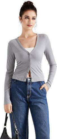 سترة SUUKSESS النسائية خفيفة الوزن مضلعة ورقبة على شكل حرف V وأزرار لأعلى وأكمام طويلة in Kuwait