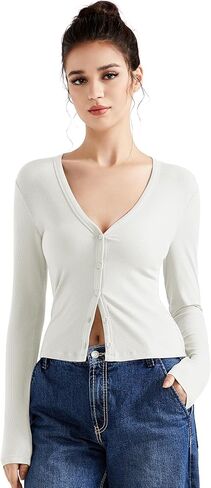 SUUKSESS Women Ribbed Lightweight Cardigan V Neck Button Up Long Sleeve Cropped Modal Tops in Saudi Arabia