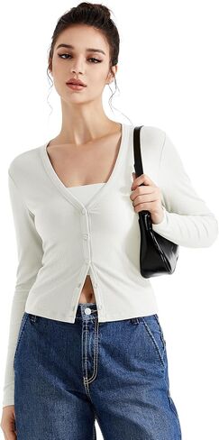 SUUKSESS Women Ribbed Lightweight Cardigan V Neck Button Up Long Sleeve Cropped Modal Tops in Saudi Arabia