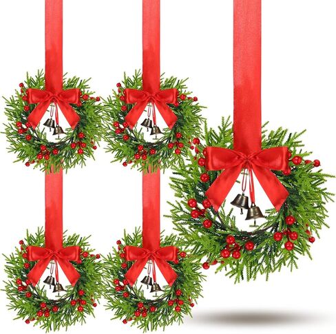 Dingion 4 Pieces 9.84 Inch Christmas Norfolk Pine Wreaths Small Xmas Artificial Pine Wreath Faux Pine Xmas Wreath Set with Berry and Bell for Xmas Front Door Porch Window Wall Decoration(Burlap Bows) in Kuwait