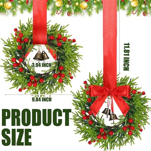 Dingion 4 Pieces 9.84 Inch Christmas Norfolk Pine Wreaths Small Xmas Artificial Pine Wreath Faux Pine Xmas Wreath Set with Berry and Bell for Xmas Front Door Porch Window Wall Decoration(Burlap Bows) in Kuwait