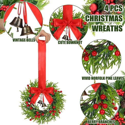 Dingion 4 Pieces 9.84 Inch Christmas Norfolk Pine Wreaths Small Xmas Artificial Pine Wreath Faux Pine Xmas Wreath Set with Berry and Bell for Xmas Front Door Porch Window Wall Decoration(Burlap Bows) in Kuwait