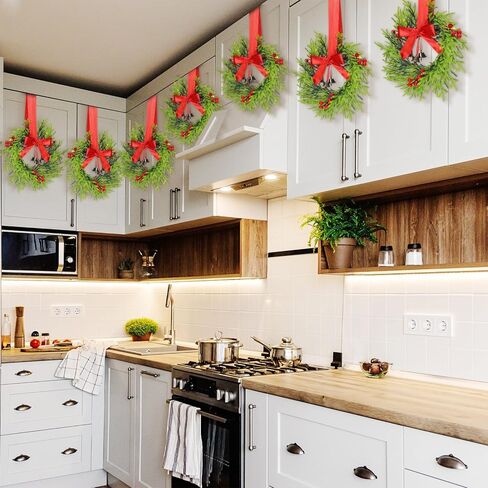 Dingion 4 Pieces 9.84 Inch Christmas Norfolk Pine Wreaths Small Xmas Artificial Pine Wreath Faux Pine Xmas Wreath Set with Berry and Bell for Xmas Front Door Porch Window Wall Decoration(Burlap Bows) in Kuwait