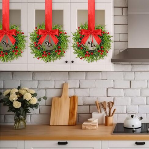 Dingion 4 Pieces 9.84 Inch Christmas Norfolk Pine Wreaths Small Xmas Artificial Pine Wreath Faux Pine Xmas Wreath Set with Berry and Bell for Xmas Front Door Porch Window Wall Decoration(Burlap Bows) in Kuwait