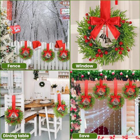 Dingion 4 Pieces 9.84 Inch Christmas Norfolk Pine Wreaths Small Xmas Artificial Pine Wreath Faux Pine Xmas Wreath Set with Berry and Bell for Xmas Front Door Porch Window Wall Decoration(Burlap Bows) in Kuwait