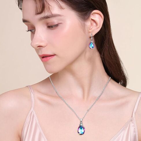 مجموعات مجوهرات كريستال للنساء، قلادة وقلادة بيضاوية على شكل دمعة مطلية بالفضة/الذهب وأقراط من حجر الراين مجموعات متدلية لعيد الميلاد والذكرى السنوية وهدايا عيد الأم للنساء in Kuwait