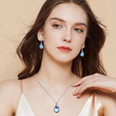 مجموعات مجوهرات كريستال للنساء، قلادة وقلادة بيضاوية على شكل دمعة مطلية بالفضة/الذهب وأقراط من حجر الراين مجموعات متدلية لعيد الميلاد والذكرى السنوية وهدايا عيد الأم للنساء in Kuwait