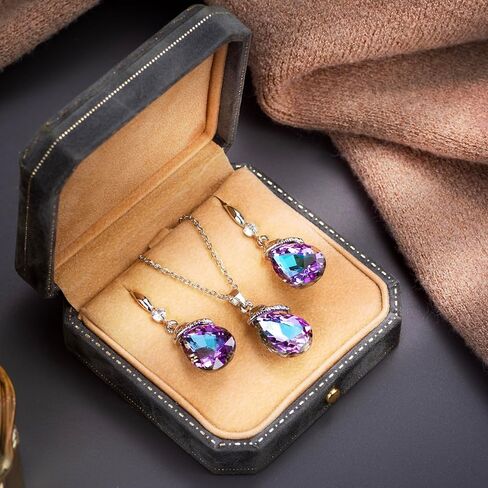 مجموعات مجوهرات كريستال للنساء، قلادة وقلادة بيضاوية على شكل دمعة مطلية بالفضة/الذهب وأقراط من حجر الراين مجموعات متدلية لعيد الميلاد والذكرى السنوية وهدايا عيد الأم للنساء in Kuwait