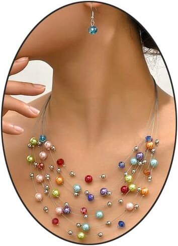 GIGB PBDK Layered Colorful Pearls Necklace Earring Set Boho Multi-Strand Beaded Necklace Earring Dainty Ethnic Style Jewelry Accessory Gift for Women in Saudi Arabia