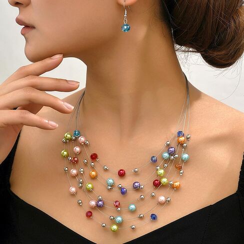 GIGB PBDK Layered Colorful Pearls Necklace Earring Set Boho Multi-Strand Beaded Necklace Earring Dainty Ethnic Style Jewelry Accessory Gift for Women in Saudi Arabia