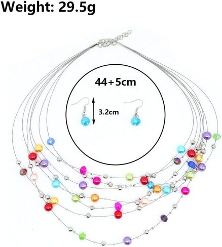 GIGB PBDK Layered Colorful Pearls Necklace Earring Set Boho Multi-Strand Beaded Necklace Earring Dainty Ethnic Style Jewelry Accessory Gift for Women in Saudi Arabia