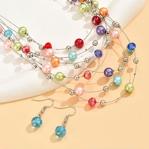 GIGB PBDK Layered Colorful Pearls Necklace Earring Set Boho Multi-Strand Beaded Necklace Earring Dainty Ethnic Style Jewelry Accessory Gift for Women in Saudi Arabia