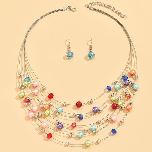 GIGB PBDK Layered Colorful Pearls Necklace Earring Set Boho Multi-Strand Beaded Necklace Earring Dainty Ethnic Style Jewelry Accessory Gift for Women in Saudi Arabia