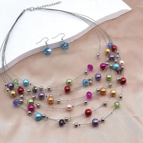 GIGB PBDK Layered Colorful Pearls Necklace Earring Set Boho Multi-Strand Beaded Necklace Earring Dainty Ethnic Style Jewelry Accessory Gift for Women in Saudi Arabia