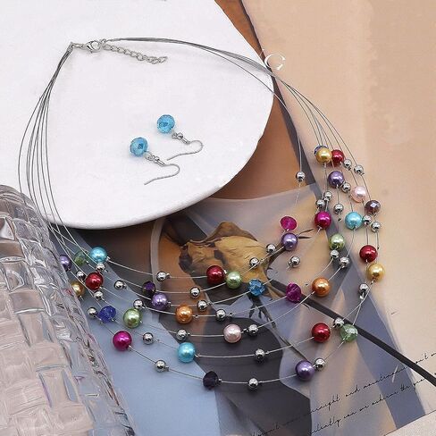 GIGB PBDK Layered Colorful Pearls Necklace Earring Set Boho Multi-Strand Beaded Necklace Earring Dainty Ethnic Style Jewelry Accessory Gift for Women in Saudi Arabia