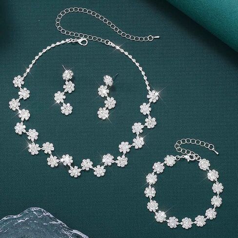 Unicra الفضة حجر الراين مجوهرات الزفاف مجموعة كريستال قلادة أقراط سوار مجموعات المجوهرات الرسمية للنساء والعرائس in Saudi Arabia