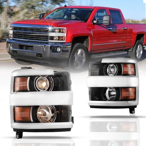 CPW Headlights Assembly Fit For 2015 2016 2017 2018 2019 Chevy Silverado 2500 HD 3500 HD, Driver & Passenger Head Lamps Replacement, 1 Pair Front Lights with Halogen Bulbs (Chrome Housing Clear Lens) in Kuwait