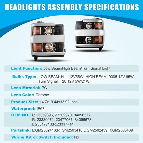 CPW Headlights Assembly Fit For 2015 2016 2017 2018 2019 Chevy Silverado 2500 HD 3500 HD, Driver & Passenger Head Lamps Replacement, 1 Pair Front Lights with Halogen Bulbs (Chrome Housing Clear Lens) in Kuwait