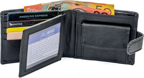 Men's Genuine Leather Tab Wallet RFID Blocking Front Tab Press Snap Closure Secret Compartment for Cards (Black), BLACK, L 11.5 cm x H 9 cm x W 2 cm, RFID Safe Bi-Fold Genuine Leather Wallet in Saudi Arabia