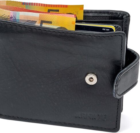 Men's Genuine Leather Tab Wallet RFID Blocking Front Tab Press Snap Closure Secret Compartment for Cards (Black), BLACK, L 11.5 cm x H 9 cm x W 2 cm, RFID Safe Bi-Fold Genuine Leather Wallet in Saudi Arabia