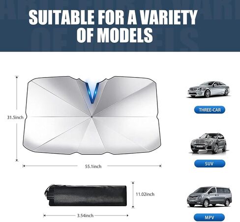 1 Pack Car Windshield Sun Shade Umbrella Replacement, Portable Foldable Design, 55In x 31In Vehicle Heat Shield, Waterproof Metal Handle, Universal for Most Cars (Silver #Opening Design) in Saudi Arabia