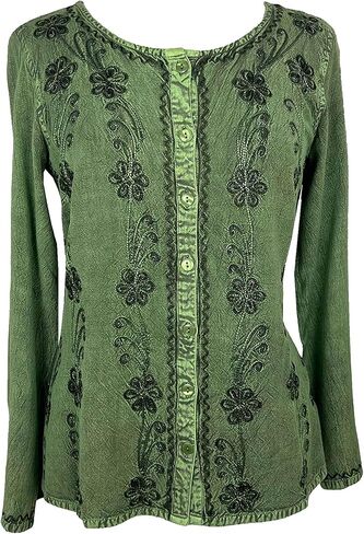 Agan Traders Fall Long Sleeve Button Down Bohemian Tops for Women - Embroidered Blouse Shirt with Adjustable Rope Ties in Saudi Arabia
