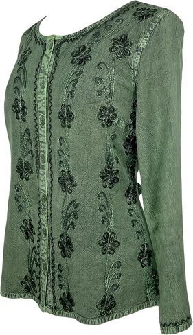 Agan Traders Fall Long Sleeve Button Down Bohemian Tops for Women - Embroidered Blouse Shirt with Adjustable Rope Ties in Saudi Arabia