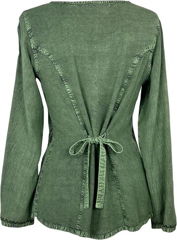 Agan Traders Fall Long Sleeve Button Down Bohemian Tops for Women - Embroidered Blouse Shirt with Adjustable Rope Ties in Saudi Arabia