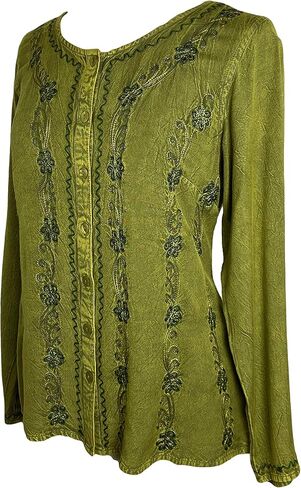 Agan Traders Fall Long Sleeve Button Down Bohemian Tops for Women - Embroidered Blouse Shirt with Adjustable Rope Ties in Saudi Arabia