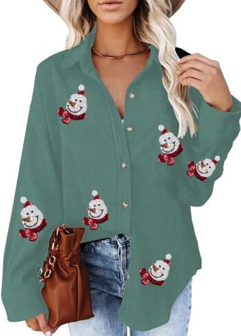 Christmas Sequin Button Down Shirts - Womens Corduroy Shirt Business Office Shirt Casual Flannel Blouses Plaid Tops in Kuwait