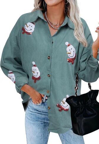 Christmas Sequin Button Down Shirts - Womens Corduroy Shirt Business Office Shirt Casual Flannel Blouses Plaid Tops in Kuwait