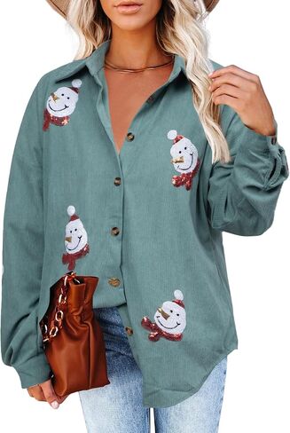 Christmas Sequin Button Down Shirts - Womens Corduroy Shirt Business Office Shirt Casual Flannel Blouses Plaid Tops in Kuwait