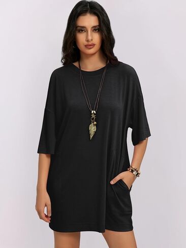 Womens Oversized T Shirt Dress Short Sleeve Crewneck Tunic Tops Basic Summer Casual Mini Short Dresses with Pockets in Saudi Arabia